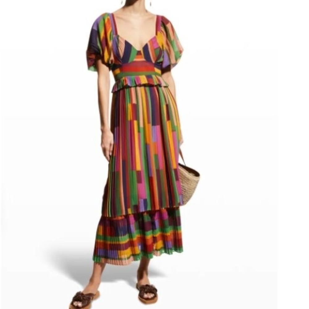Farm Rio‎ Painted Stripes Blouson-Sleeve Pleated Dress - Size Small - Picture 5 of 5